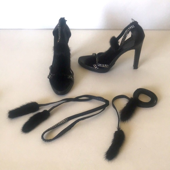 GUCCI sBlack Mink Fur & Swarovski High Heels w/Ankle Straps Size 37.5 - Picture 5 of 16
